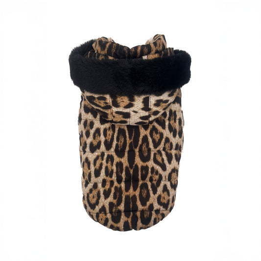 Piumino Leopard in microfibra impermeabile con stampa animalier, visto da dietro con cappuccio bordato in peluche nero