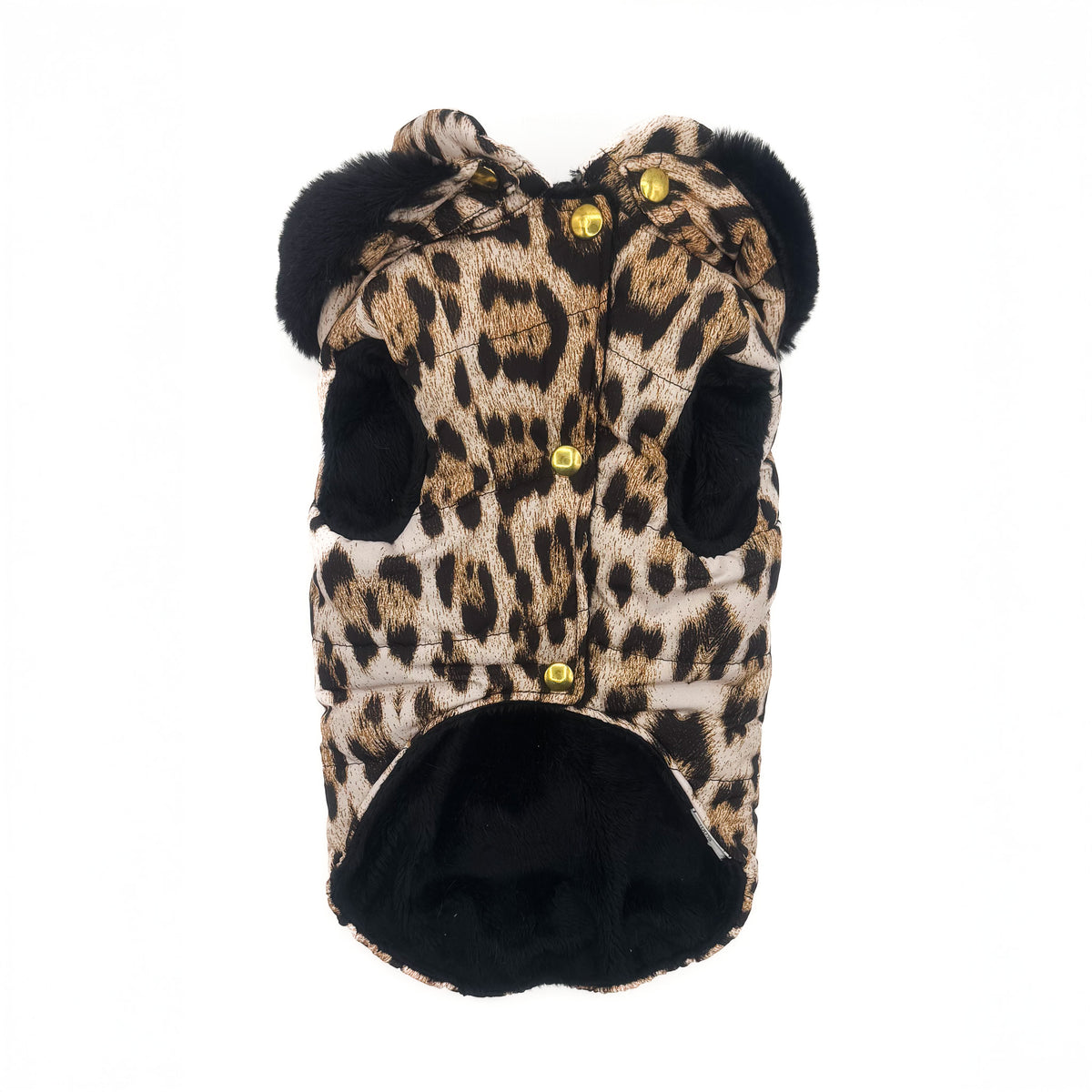 Piumino Leopard aperto sul davanti con bottoni a pressione dorati e interno in peluche nero
