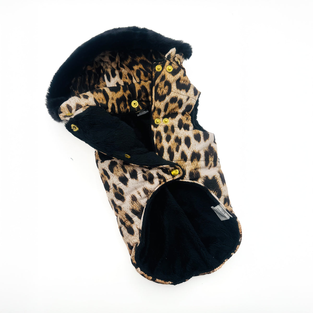 Piumino Leopard aperto con cappuccio e interno in peluche nero