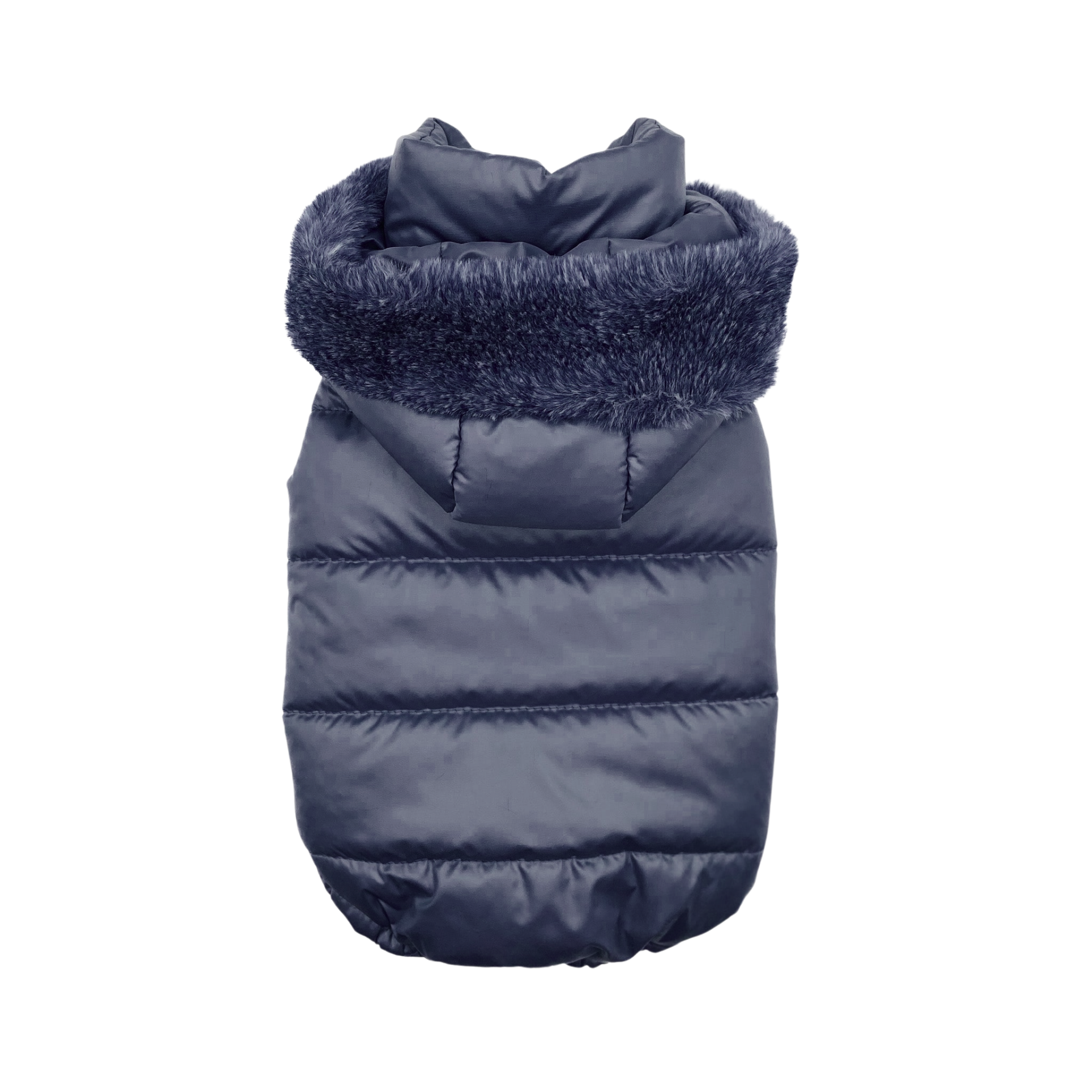 Piumino blu con cappuccio e bordo in peluche blu
