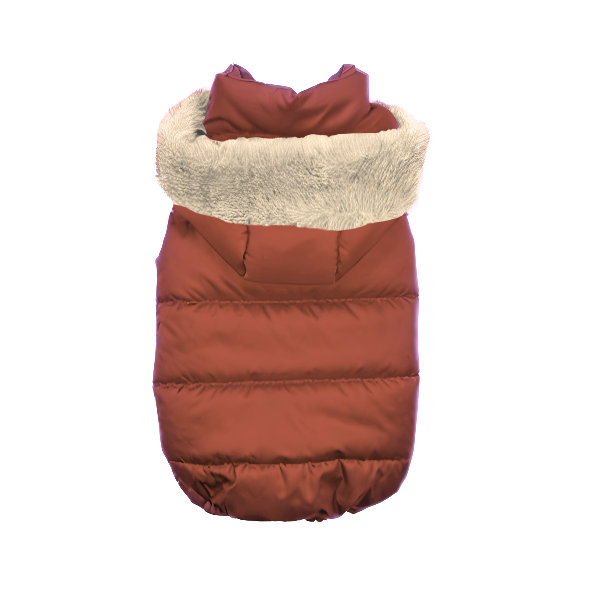 piumino color terracotta con cappuccio con bordo il peluche beige