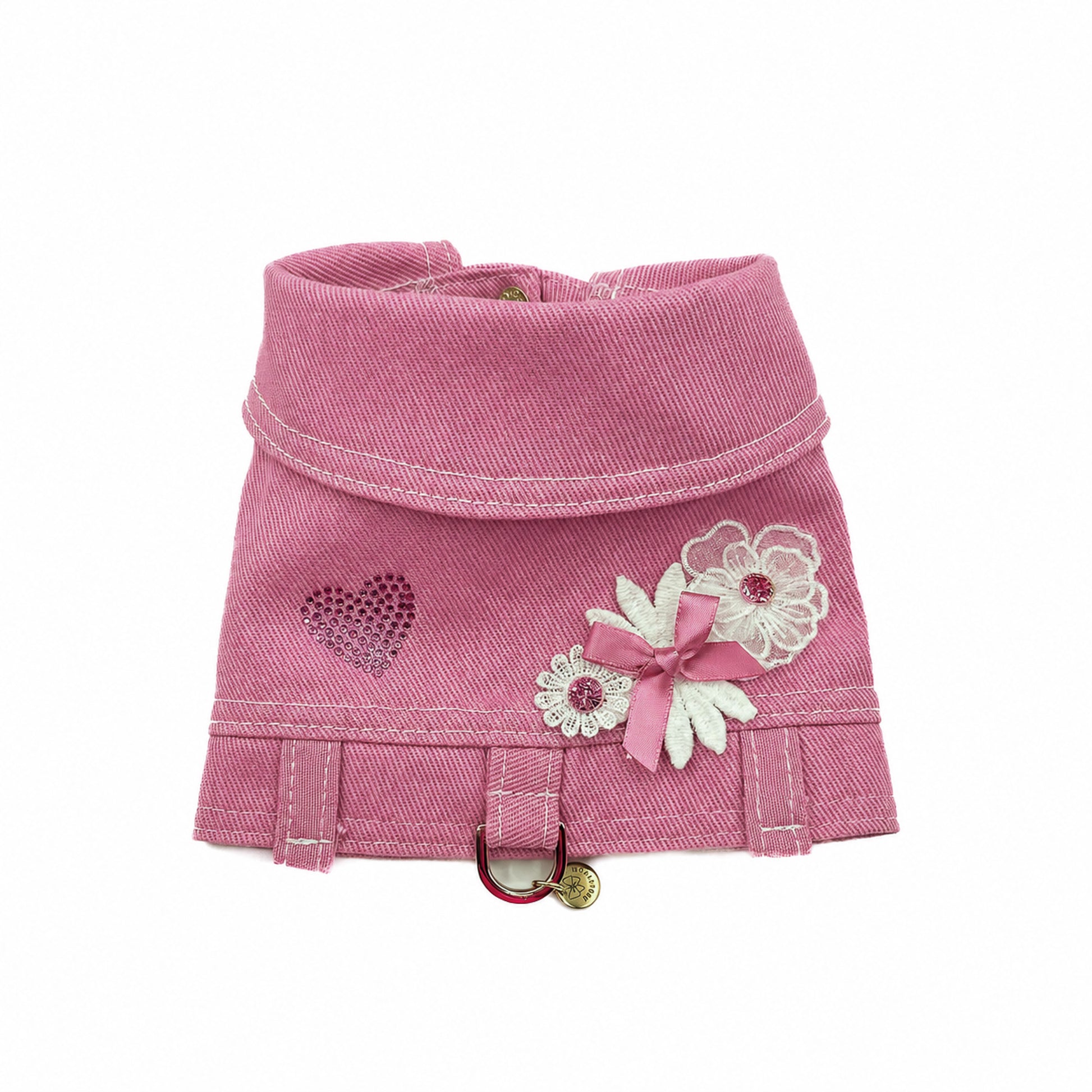 Pettorina Mini BauJeans Jolie in denim rosa con fiori applicati e rivetti in cristallo