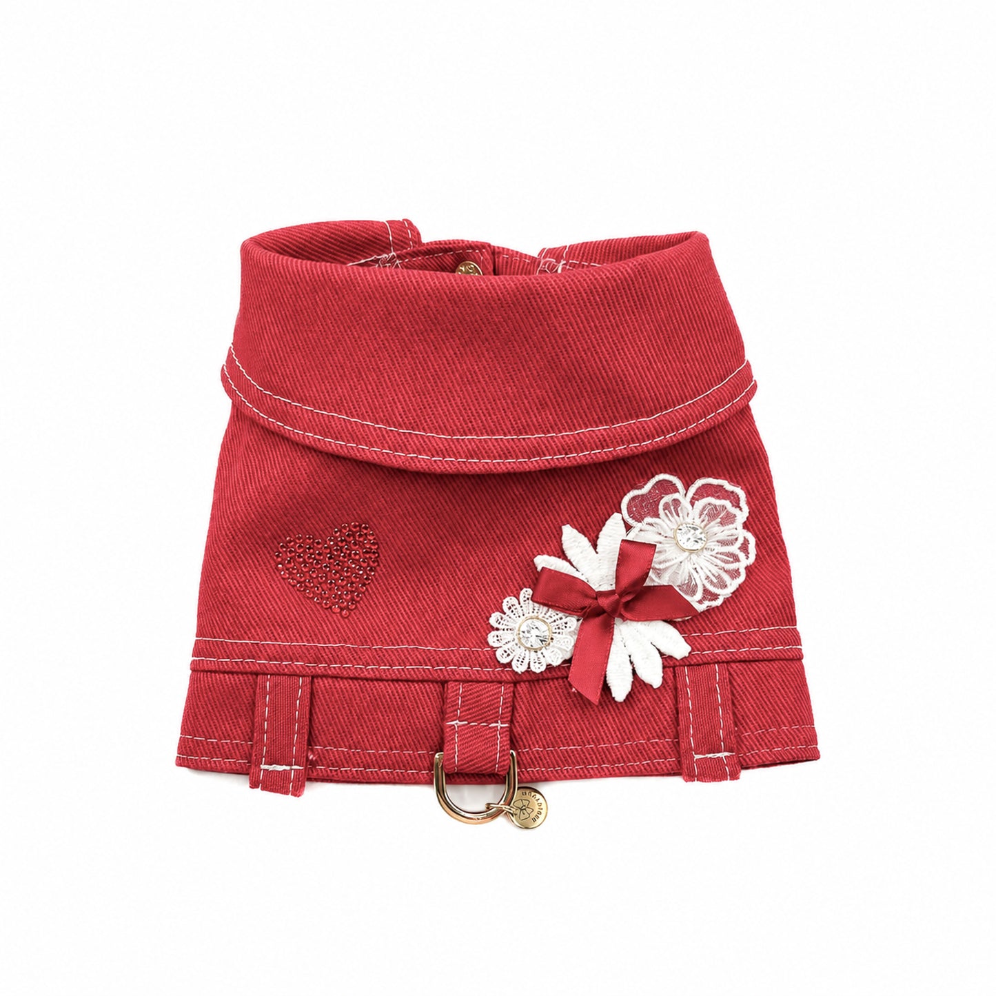 Pettorina Mini BauJeans Jolie in denim rosso con fiori applicati e rivetti in cristallo