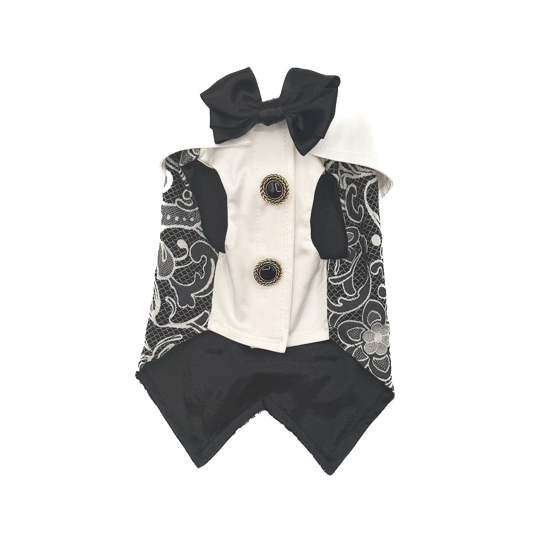 Smoking Ruben couture per cani piccoli con collo camicia bianco, papillon nero e bottoni gioiello