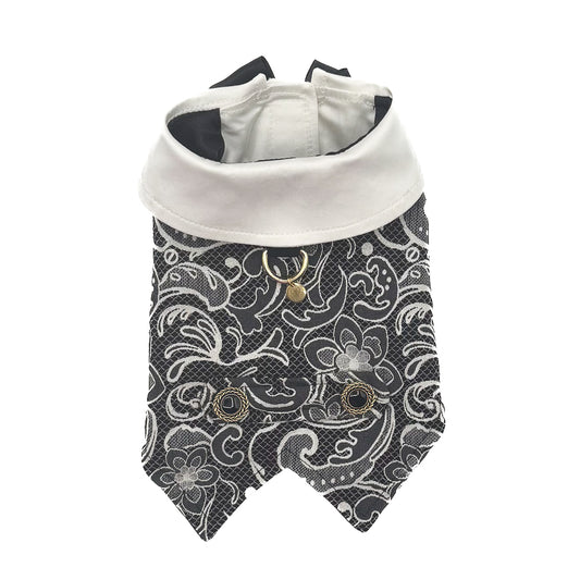 Retro smoking Ruben in tessuto jacquard nero e bianco con collo camicia e martingala