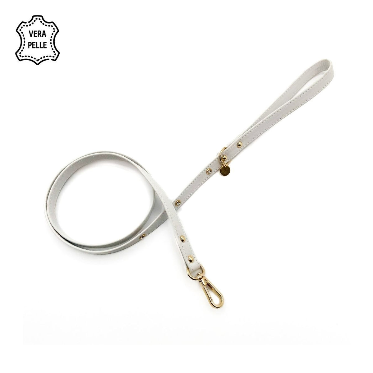 Guinzaglio in pelle bianco da 90 cm per cani piccoli con moschettone color oro