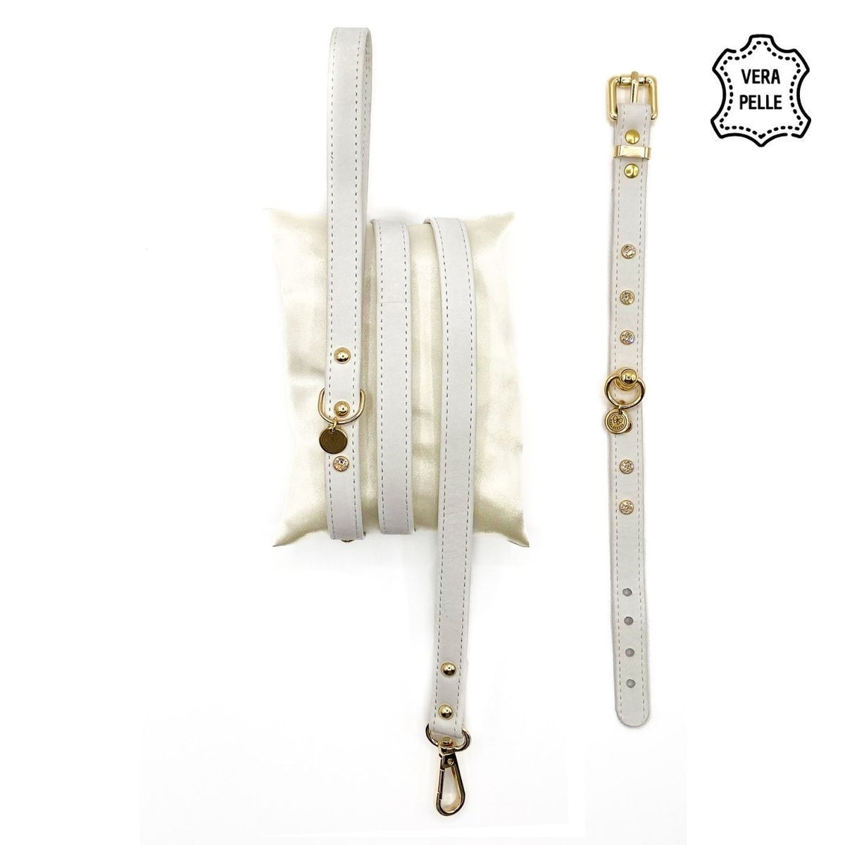 Set Pelle bianco per cani piccoli: collare e guinzaglio in pelle con cristalli e minuterie color oro