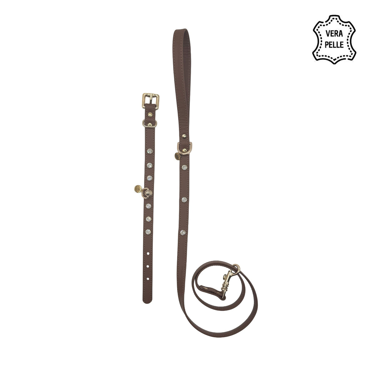 Set Pelle cioccolato per cani piccoli: collare e guinzaglio in pelle con cristalli e minuterie color oro