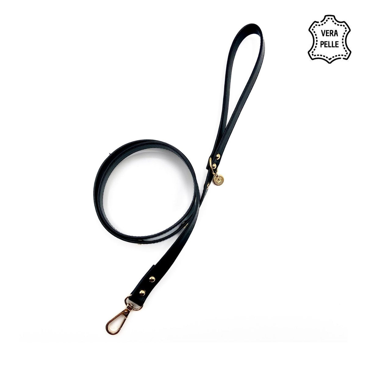 Guinzaglio in pelle nero da 90 cm per cani piccoli con moschettone color oro