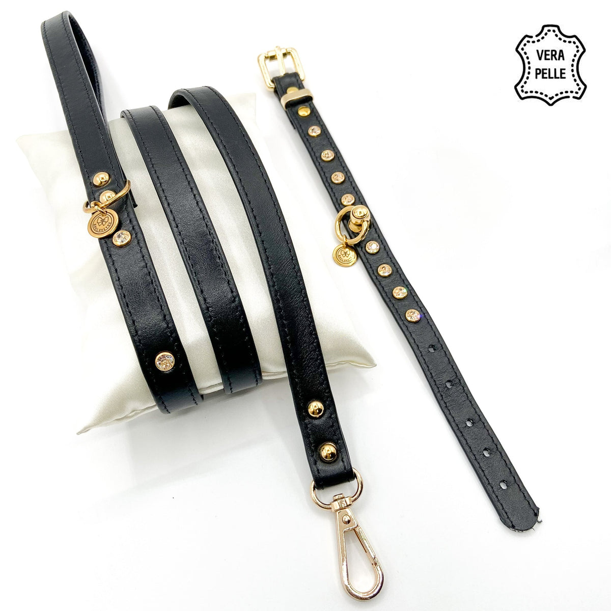 Set Pelle nero per cani piccoli: collare e guinzaglio in pelle con cristalli e minuterie color oro