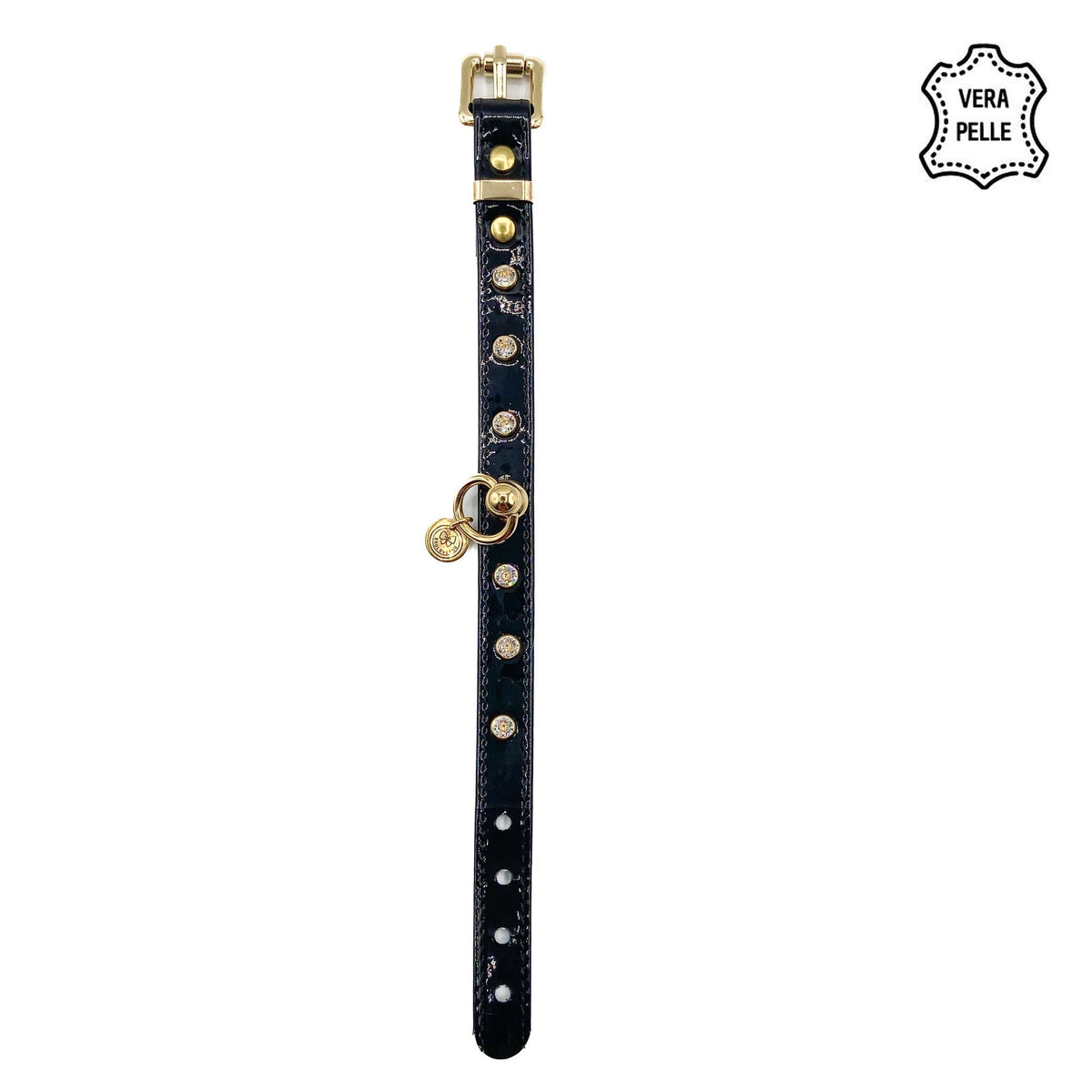Collare in pelle nero vernice per cani piccoli con cristalli e fibbia regolabile color oro