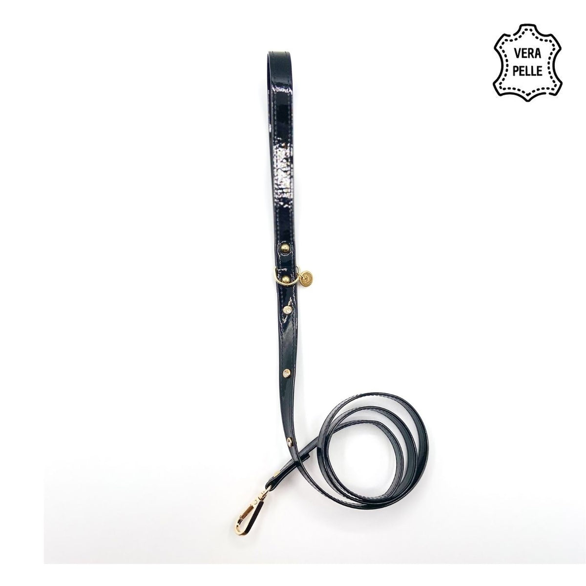 Guinzaglio in pelle nero vernice da 90 cm per cani piccoli con moschettone color oro