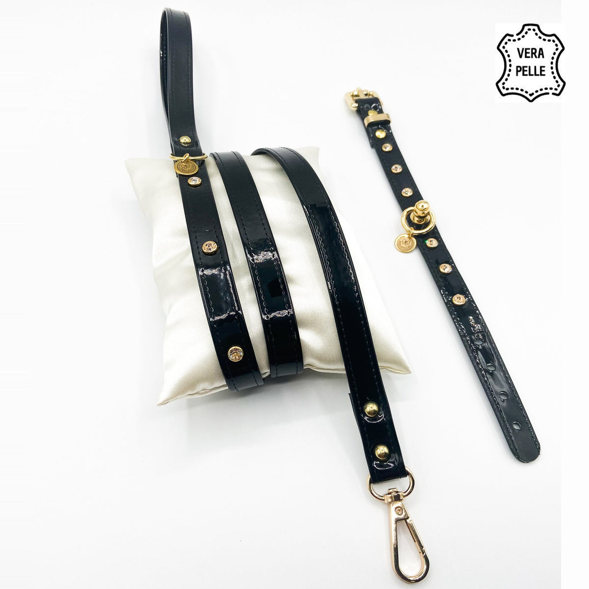 Set Pelle nero vernice per cani piccoli: collare e guinzaglio in pelle con cristalli e minuterie color oro