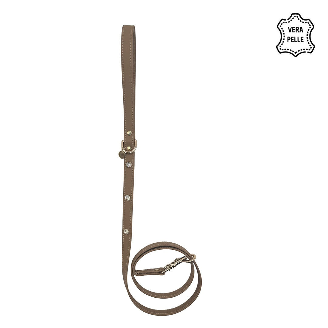 Guinzaglio in pelle tabacco da 90 cm per cani piccoli con cristalli e moschettone color oro