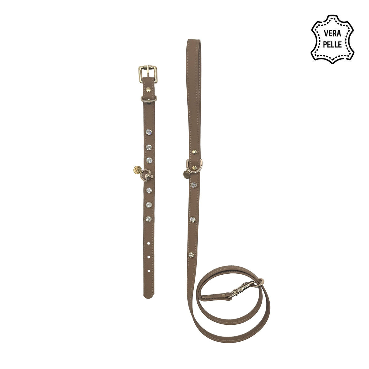 Set Pelle tabacco per cani piccoli: collare e guinzaglio in pelle con cristalli e minuterie color oro