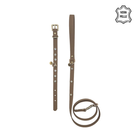 Set Pelle tabacco per cani piccoli: collare e guinzaglio in pelle con cristalli e minuterie color oro