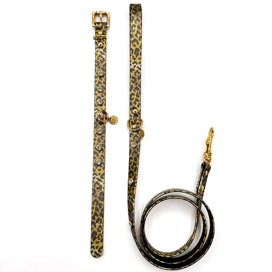 Set collare e guinzaglio Wild oro in ecopelle leopardata