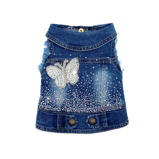 BauJeans Butterfly, gilet in denim per cani piccoli con pioggia di cristalli e farfalla in perle e strass