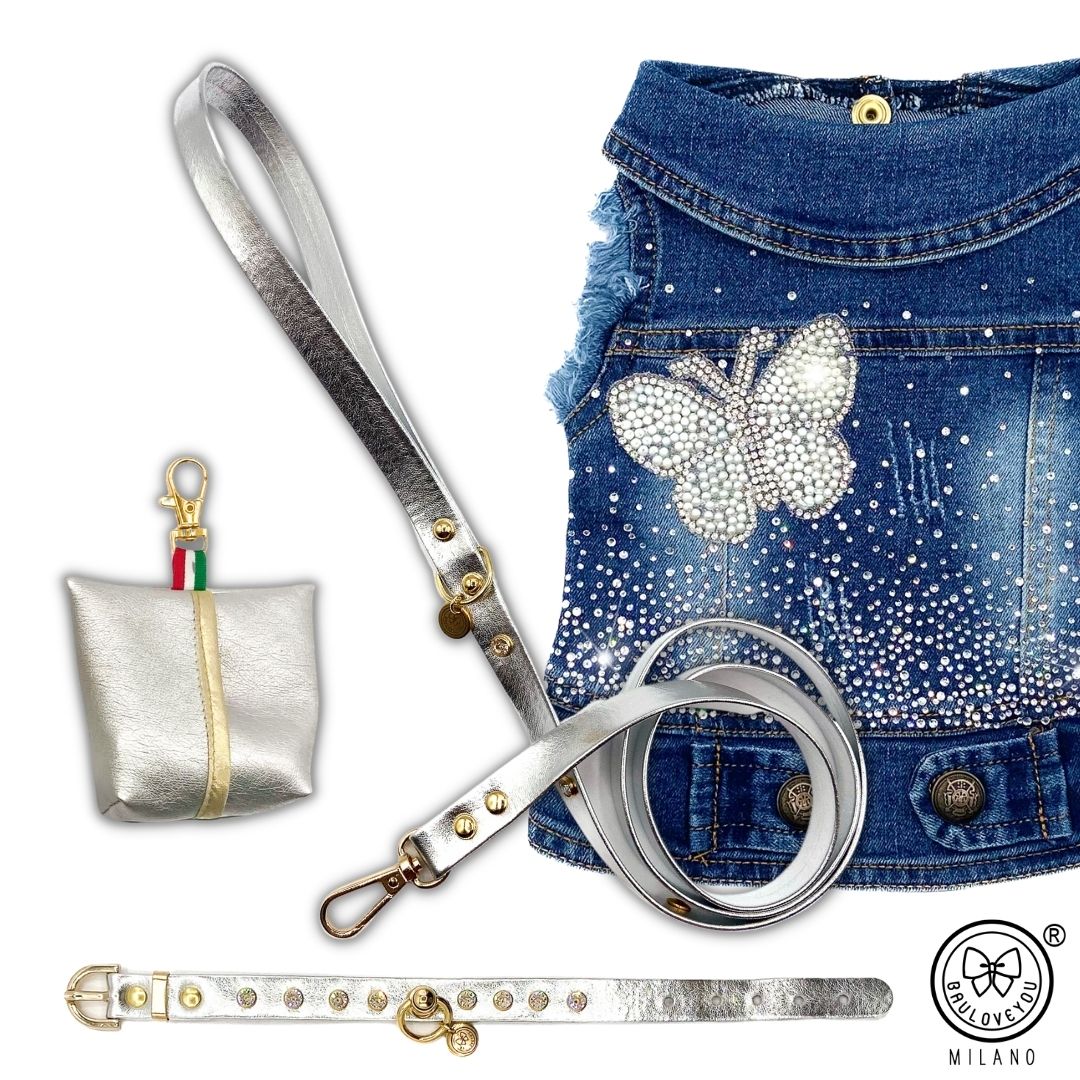 BauJeans Butterfly con guinzaglio, collare e portasacchetti argento