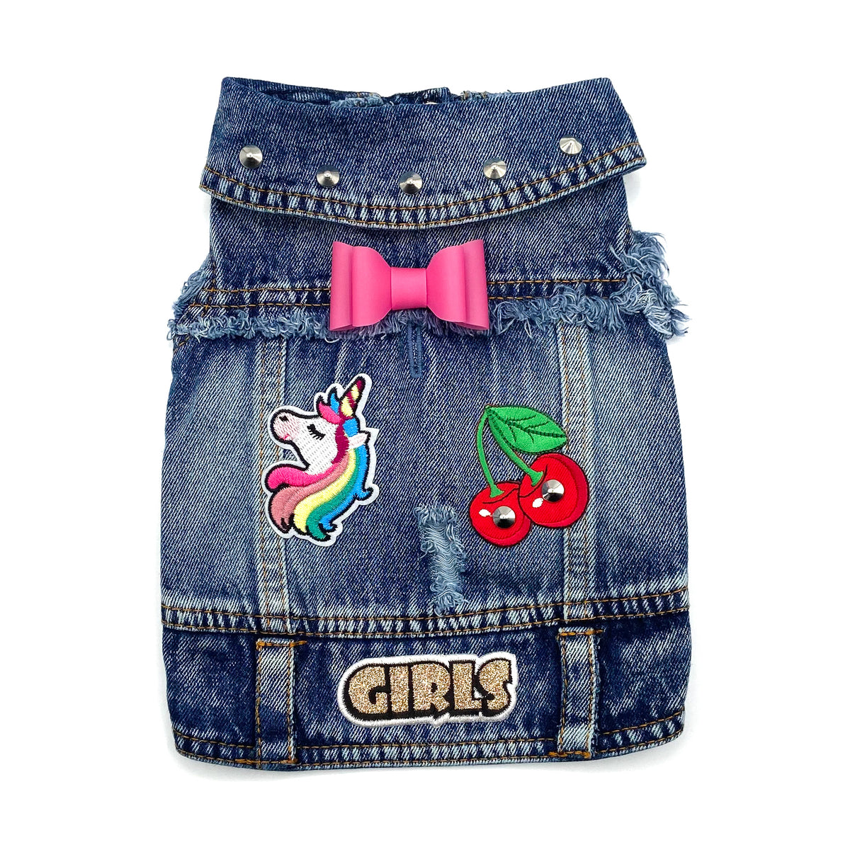 BauJeans Diadem, gilet in denim per cani piccoli con fiocco rosa, unicorno, ciliegie e scritta GIRLS