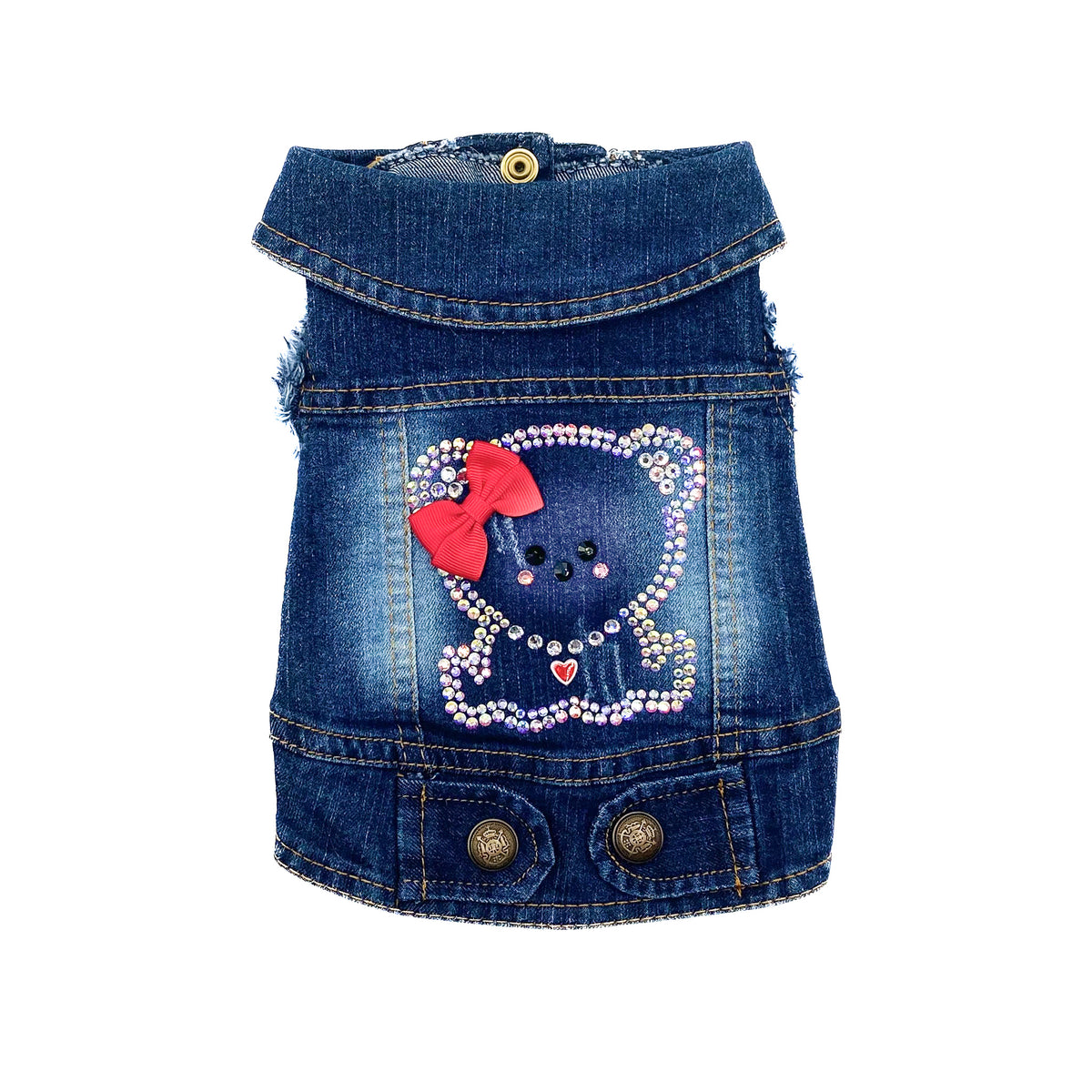 BauJeans My Love, gilet in denim per cani piccoli con orsetto in cristalli, fiocco rosso e cuoricino rosso