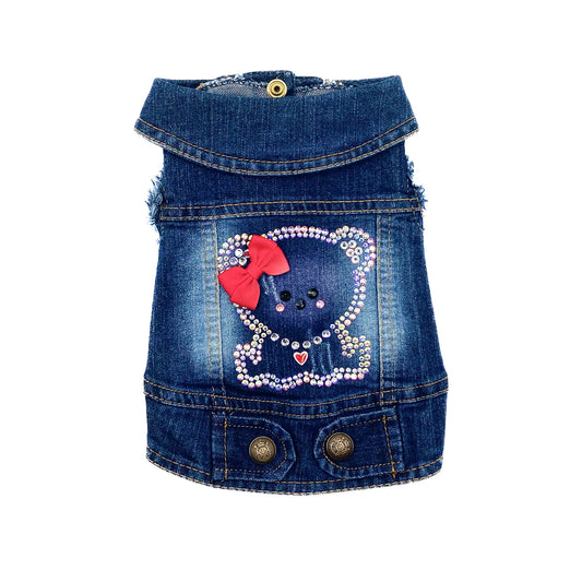 BauJeans My Love, gilet in denim per cani piccoli con orsetto in cristalli, fiocco rosso e cuoricino rosso