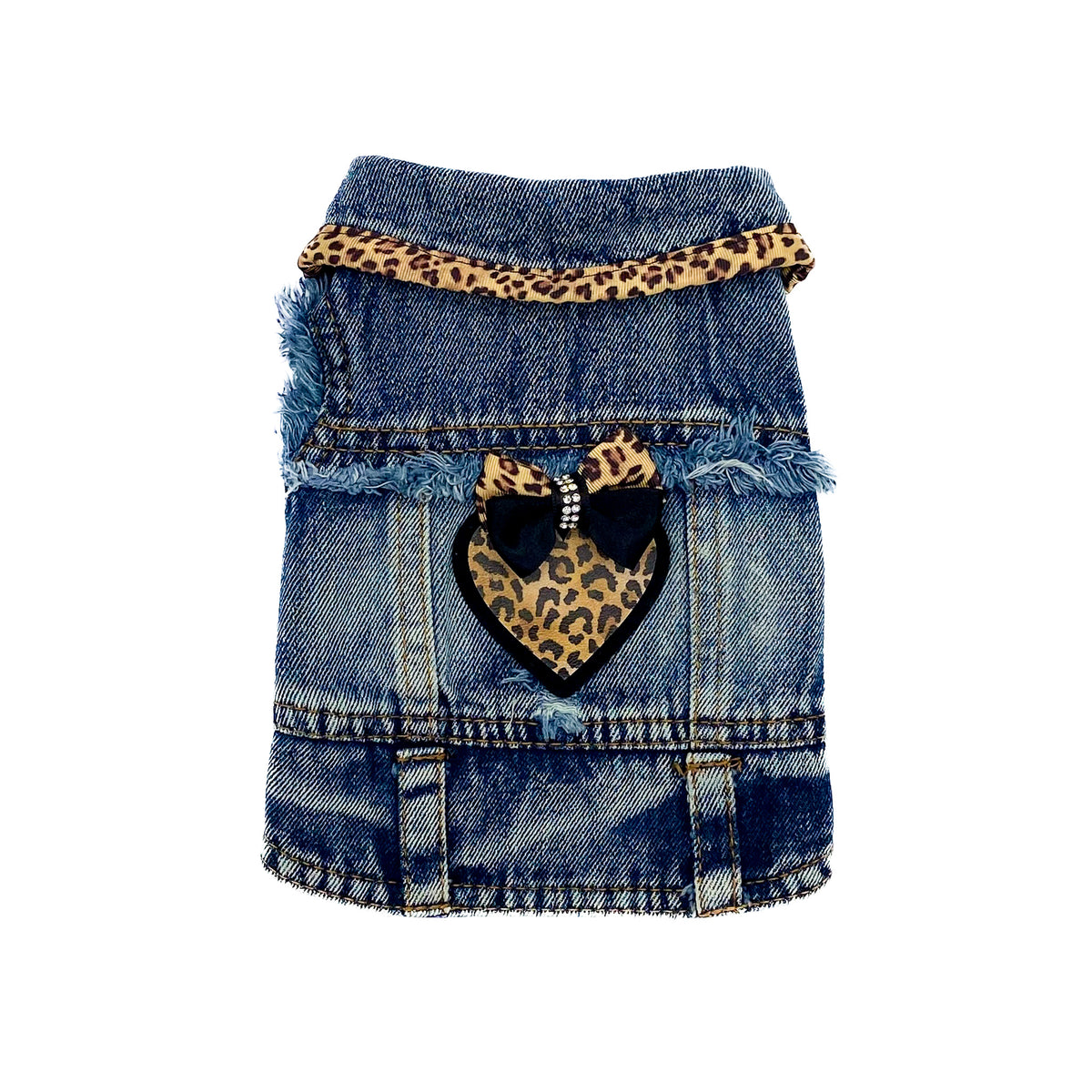 BauJeans Wild, gilet in denim per cani piccoli con profilo maculato e cuore in similpelle con fiocco