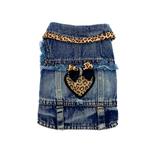 BauJeans Wild, gilet in denim per cani piccoli con profilo maculato e cuore in similpelle con fiocco