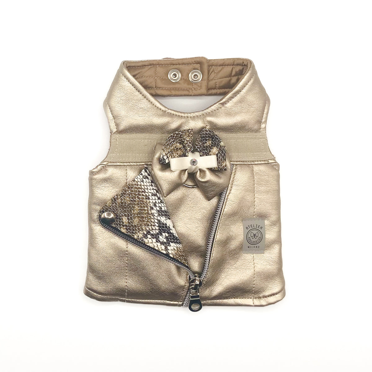 Baukiodino Gold in ecopelle oro con fiocco e zip diagonale con pitone