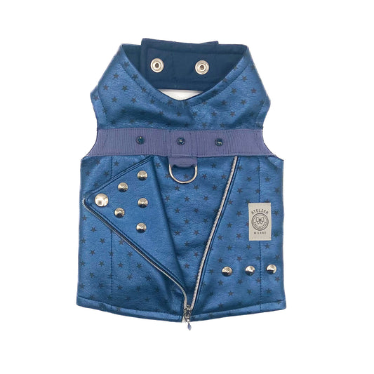 Baukiodino Leo in ecopelle blu con stelle nere, borchie e zip diagonale
