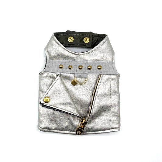 Baukiodino Silver in ecopelle argento con borchie dorate e zip