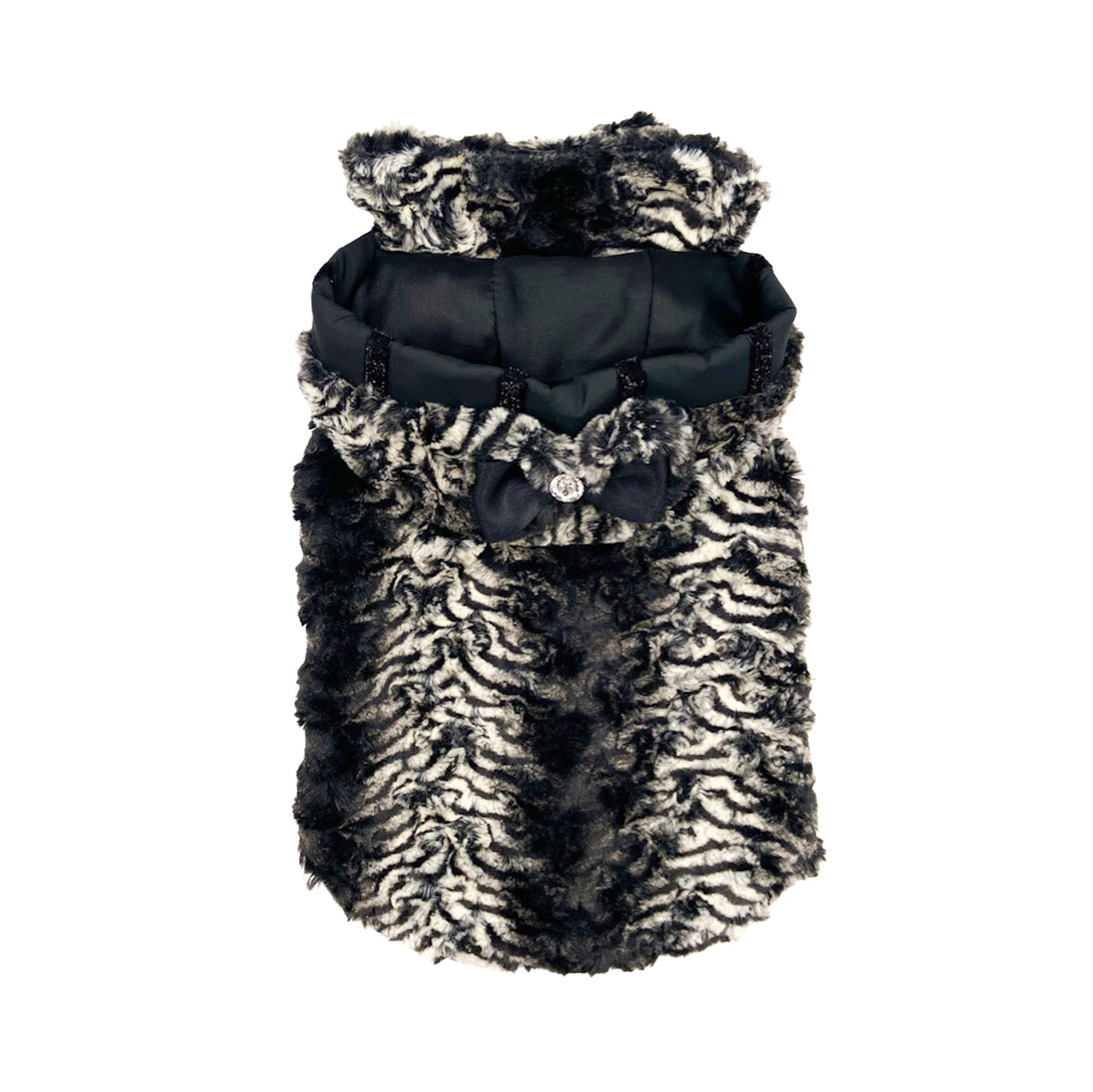 Cappottino Volpetta in eco pelliccia rasata bianca e nera con cappuccio e fiocco