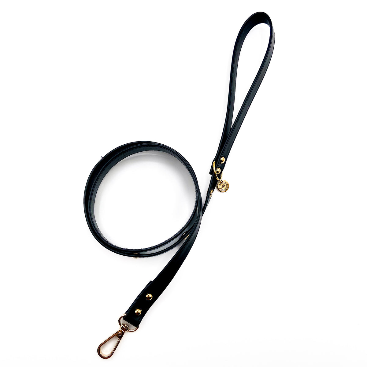 Guinzaglio in pelle nera con finiture oro