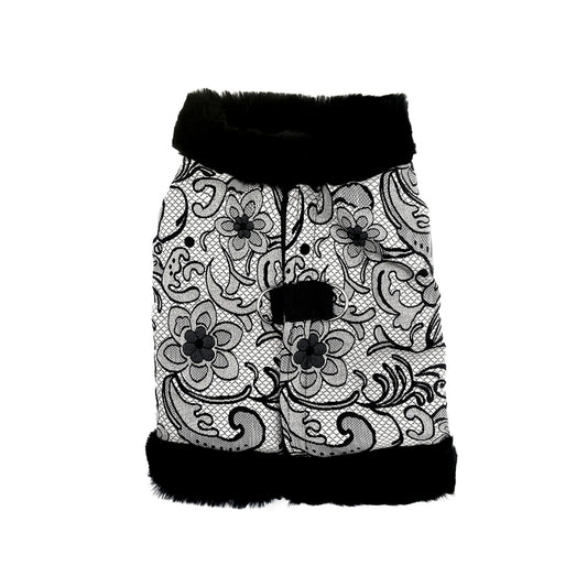Corpetto Astralis in jacquard argento con fiori neri, collo e bordi in pelliccia nera