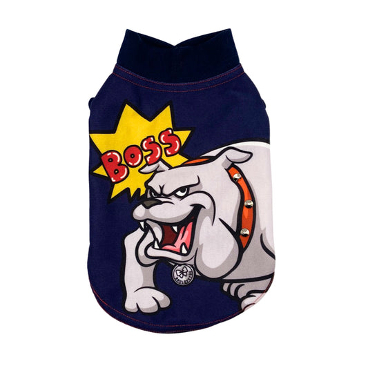 Felpa Boss per cani piccoli blu notte con stampa bulldog e borchiette argento
