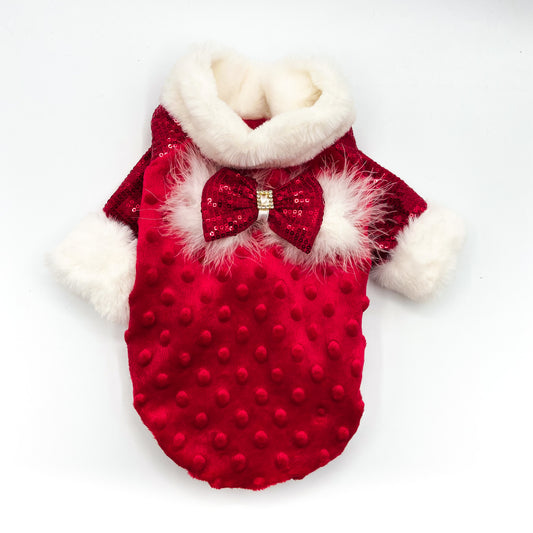 Felpa Magic per cani piccoli in Minky bubble rosso con maniche in paillettes e pelliccetta bianca