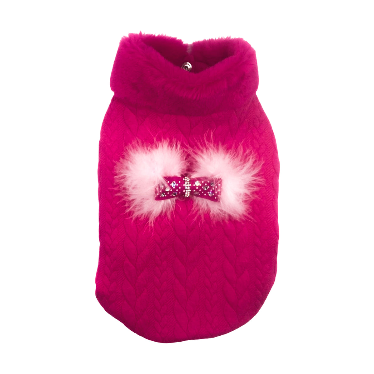 Felpa Miram fucsia a trecce con collo in pelliccetta e fiocco con piume e cristalli