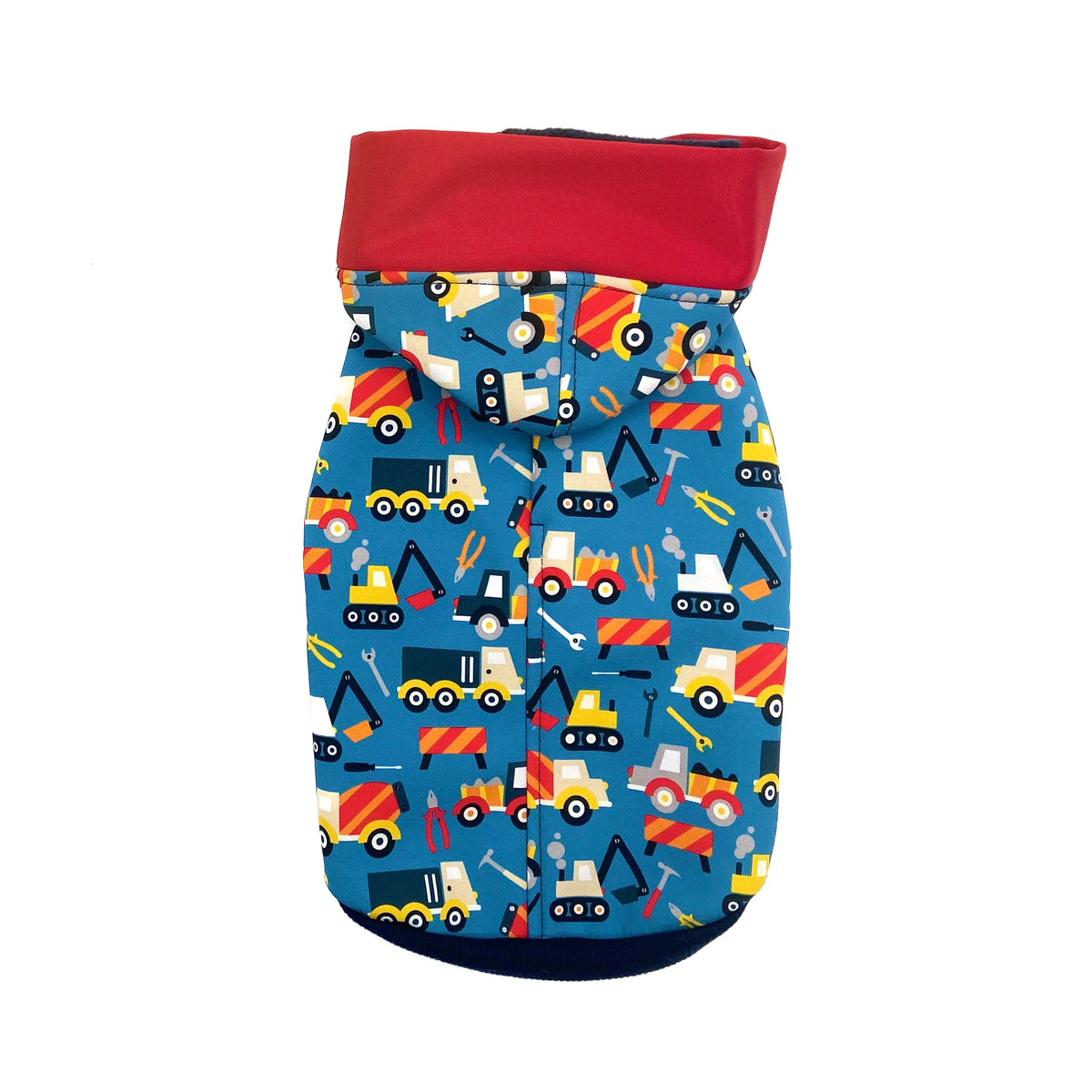 Felpa Toys in soft shell azzurro con stampa di mezzi da cantiere e cappuccio rosso
