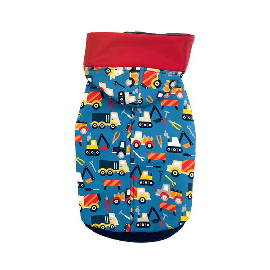Felpa Toys in soft shell azzurro con stampa di mezzi da cantiere e cappuccio rosso