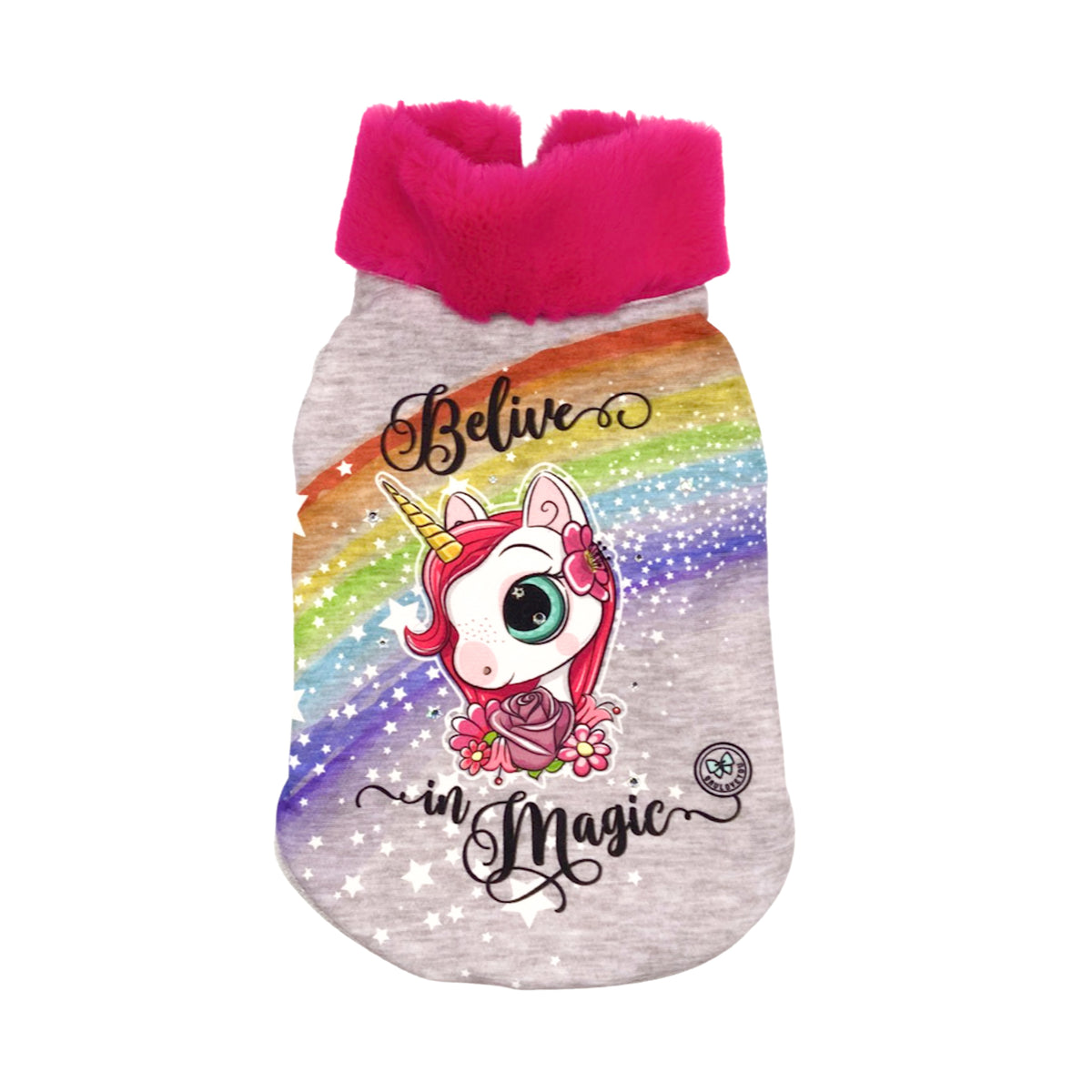 Felpa Unicorno grigia con stampa di unicorno e arcobaleno e collo in pelliccetta fucsia