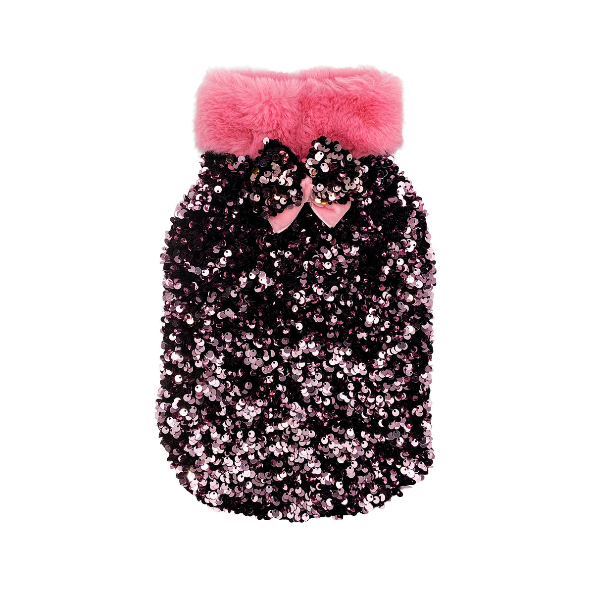Maglioncino Althena rosa in paillettes cangianti con collo in ecopelliccia rosa