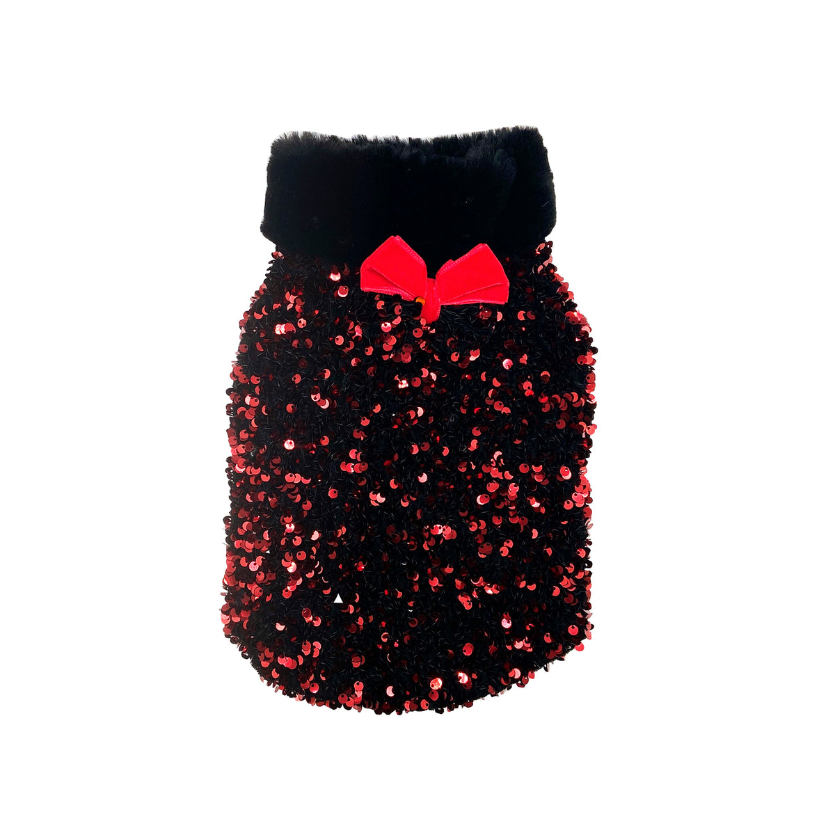 Maglioncino Althena rosso scuro in paillettes con collo nero e fiocco rosso