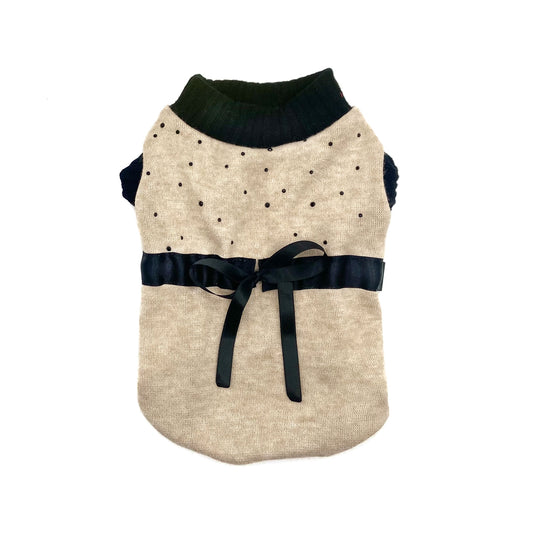 Maglioncino Azara beige con nastro in raso nero in vita per cani piccoli