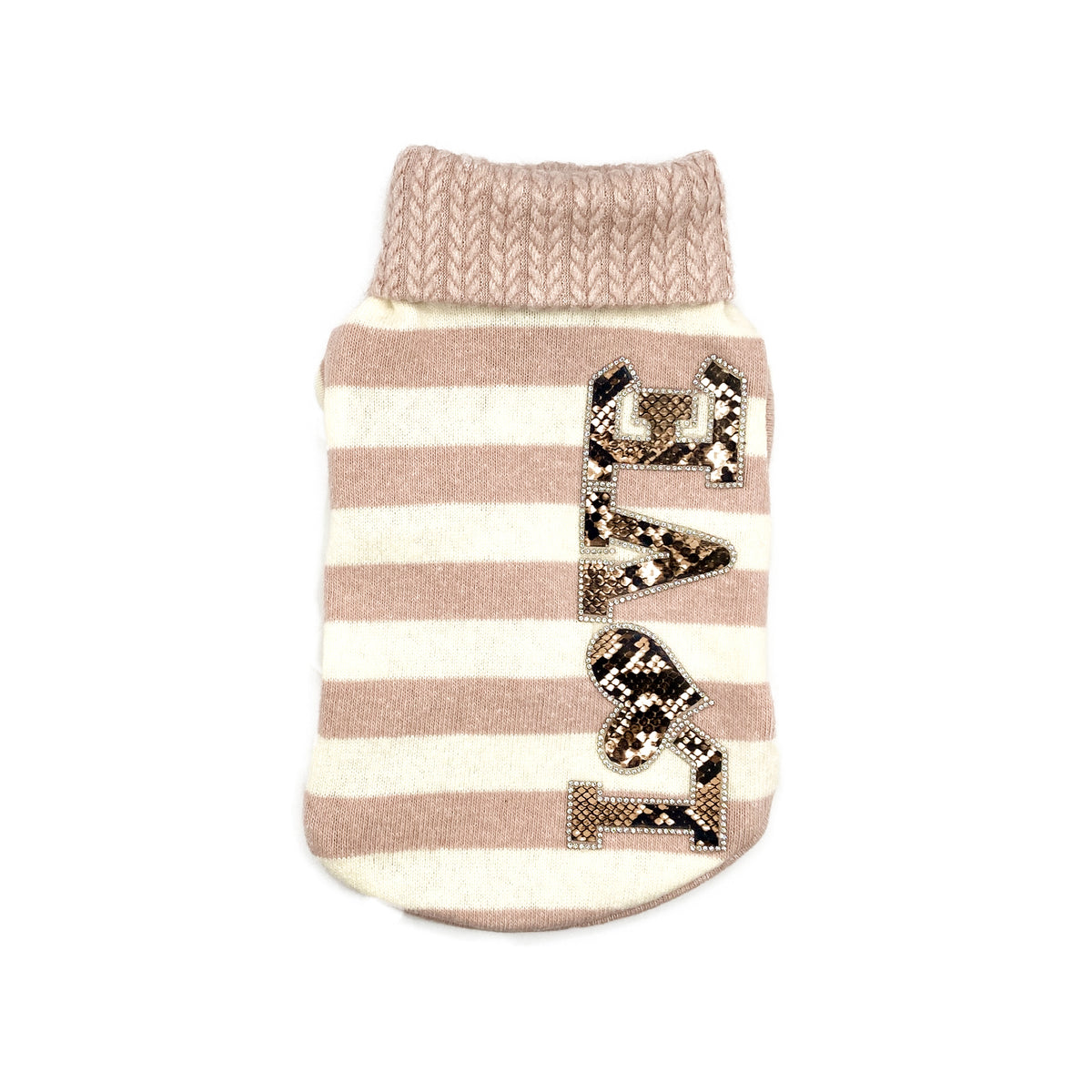 Maglioncino Merope a righe cipria e panna con scritta Love animalier e strass