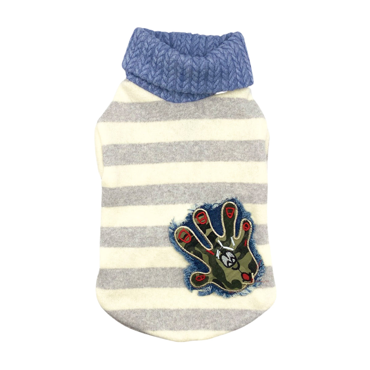 Maglioncino OKAB a righe panna e grigie con collo a trecce azzurro e applicazione in jeans ricamato