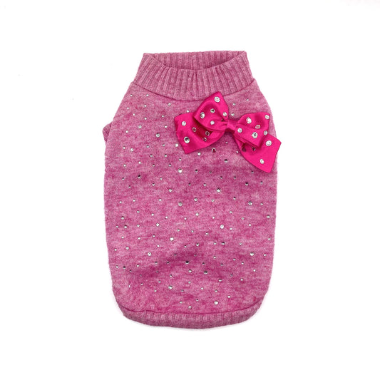 Maglioncino Stellar rosa con cristalli luminosi e fiocco in raso fucsia con strass