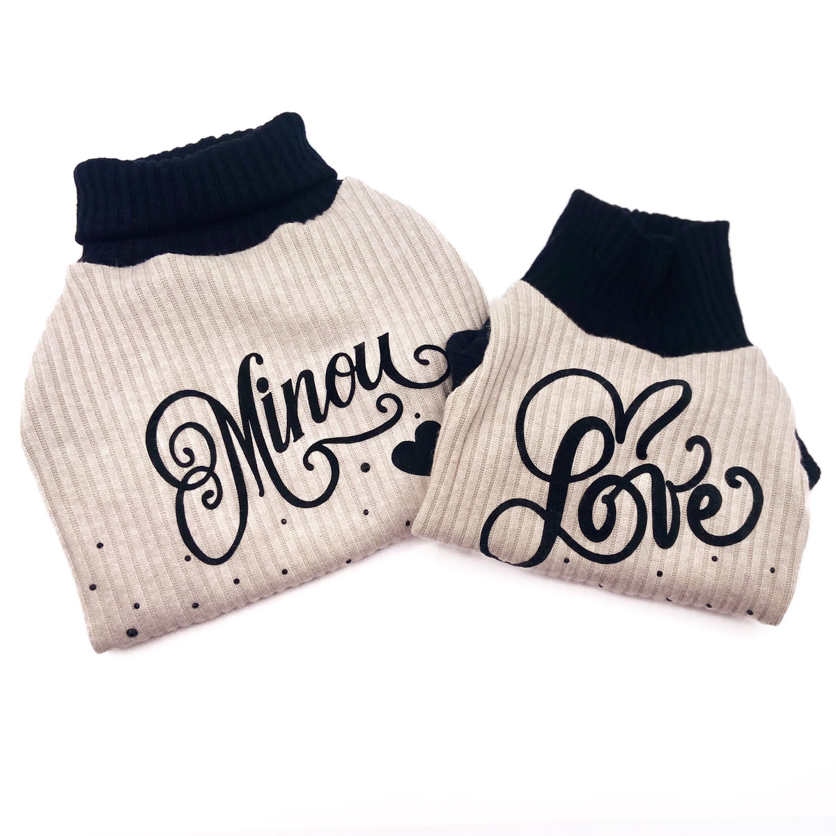 Due Maglioncini Verbena in costina con scritte personalizzate, Minou e Love