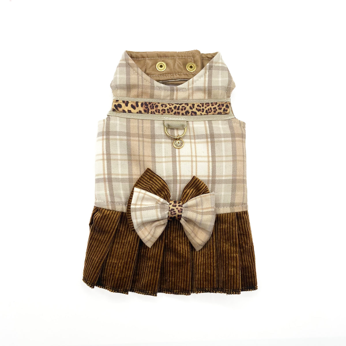 Pettorina Country in scozzese di lana beige con gonnellina in velluto a coste marrone
