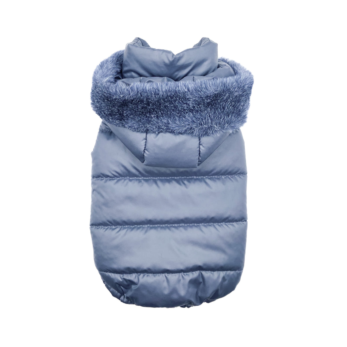 Piumino Abbraccio avio per cani piccoli, visto da davanti con cappuccio in peluche