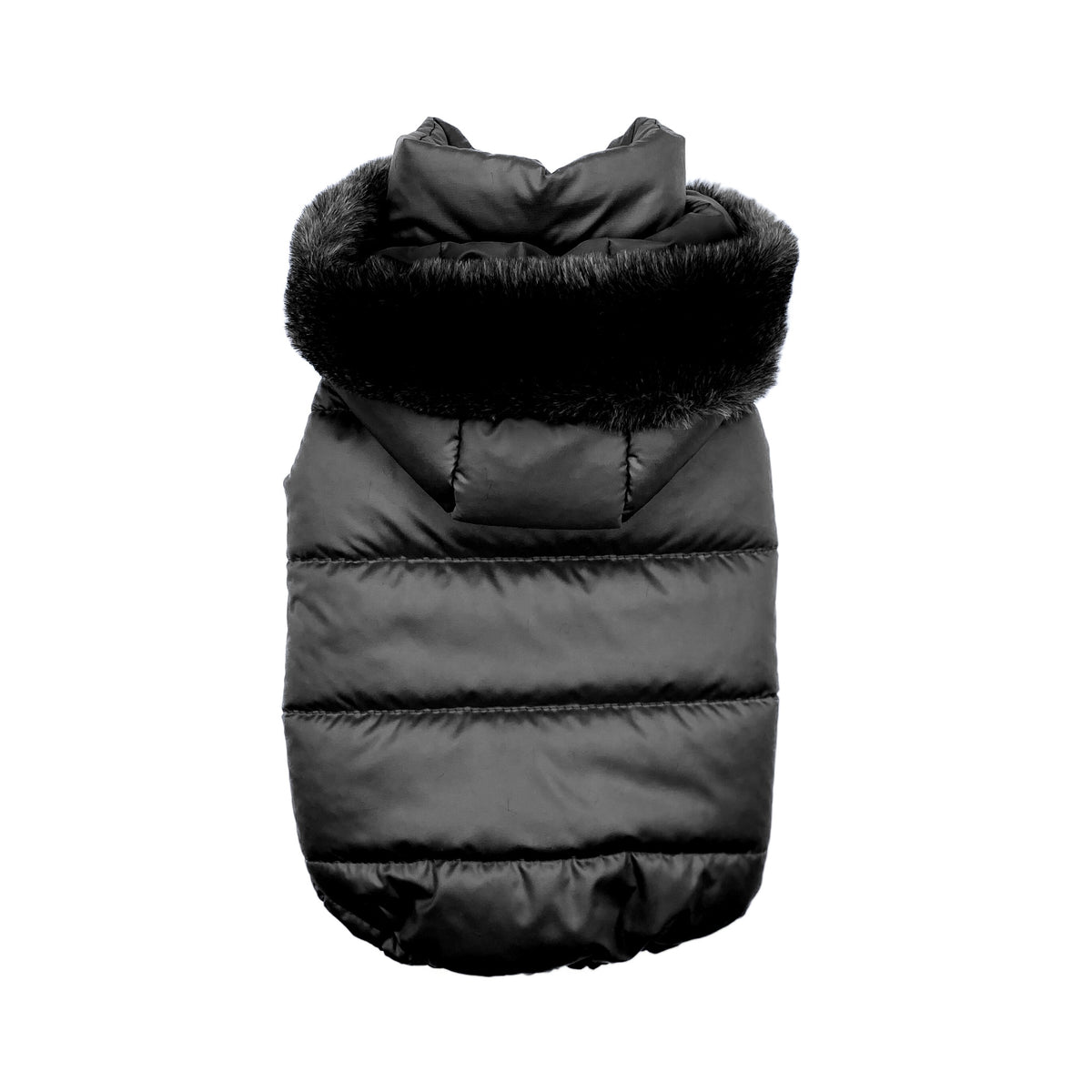 Piumino Abbraccio nero trapuntato con cappuccio bordato in peluche nero